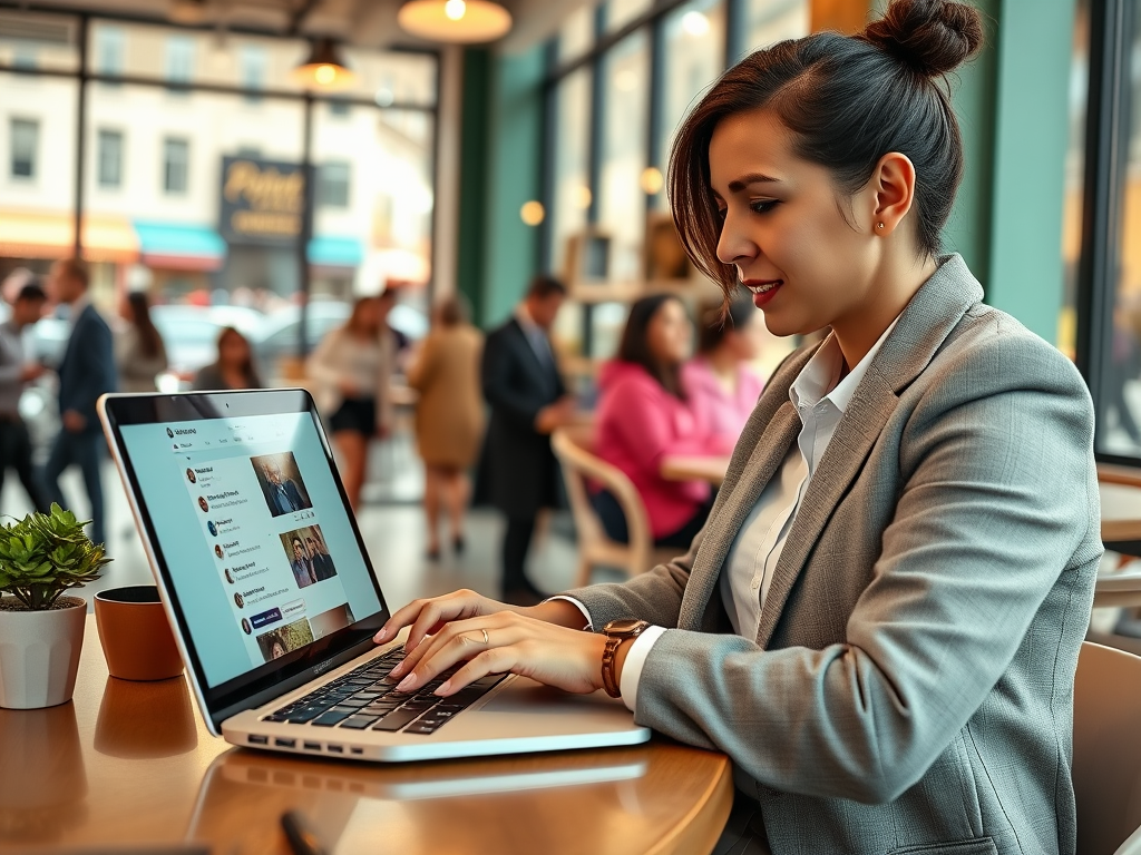 A professional woman types on a laptop in a busy café, surrounded by people and a plant on her table.