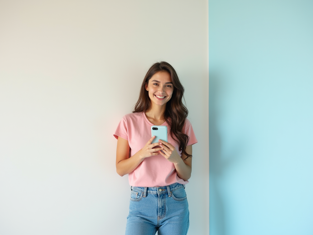 A young woman in a pink shirt smiles while holding a phone against a pastel-colored wall.