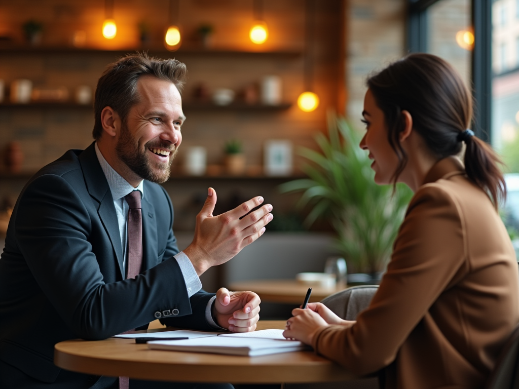 Man in suit conversing with woman at a cafe table, both smiling in a warmly lit setting.