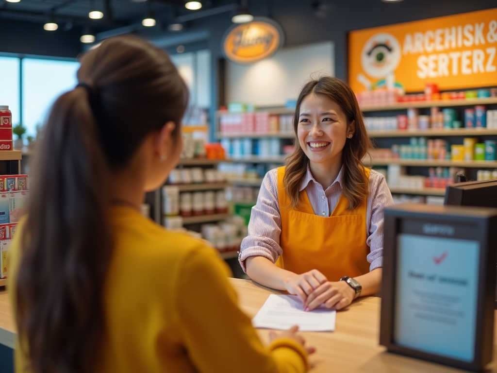 A smiling cashier in an orange apron assists a customer at the counter in a well-stocked store.