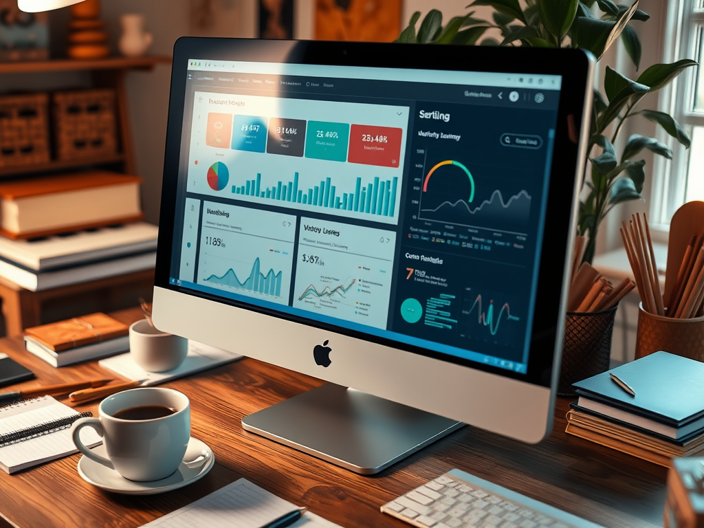 A desktop monitor displays various data charts and analytics, alongside a cup of coffee on a wooden desk.