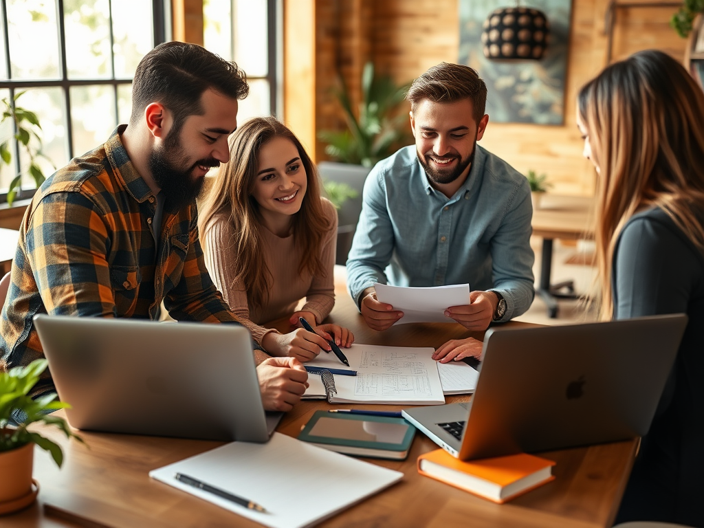 Four young adults collaborate around a table, reviewing papers and discussing ideas in a cozy, well-lit workspace.