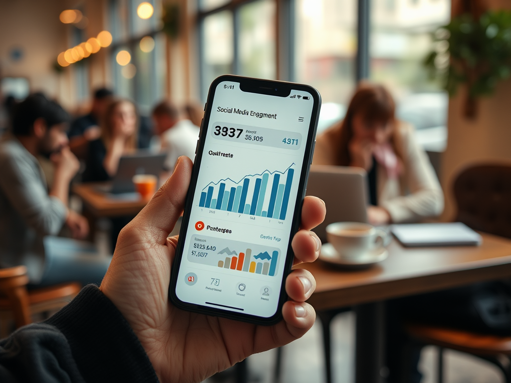 A hand holds a smartphone displaying social media engagement stats in a busy café with people working.