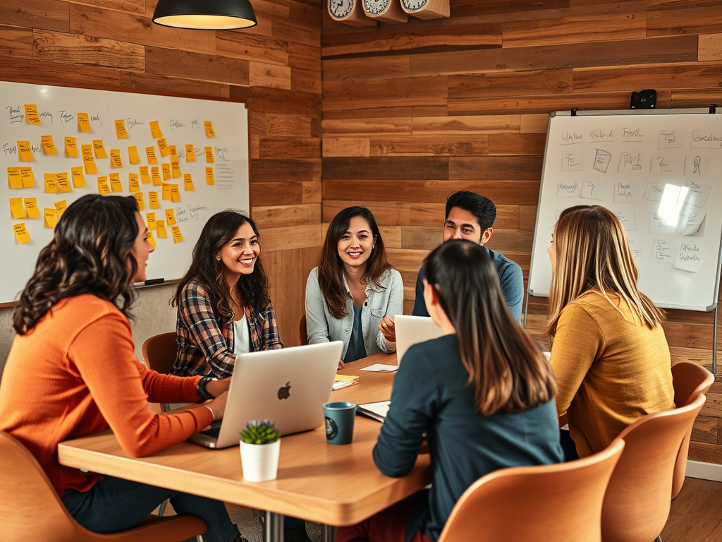 A diverse group of six people collaborates around a table with laptops, discussing ideas and sharing smiles.