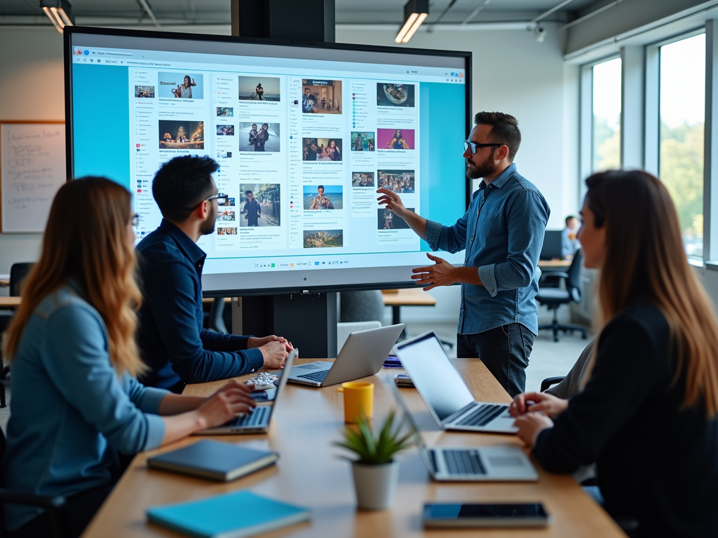 A man leads a presentation using a large screen, discussing web content with three colleagues in an office.