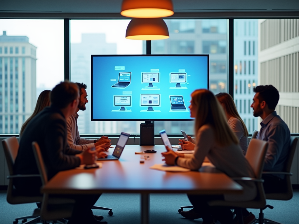 Four professionals in a meeting room discussing a workflow diagram on a large screen.