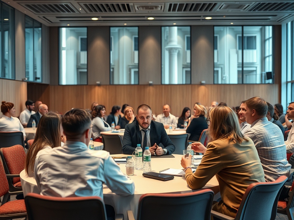 A group of professionals engaged in discussion around a conference table in a modern meeting room.