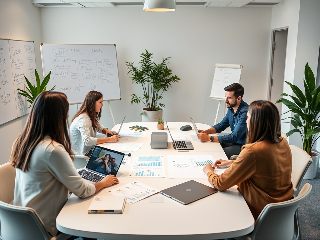 A group of professionals collaborates in a modern meeting room, analyzing documents and discussing strategies.