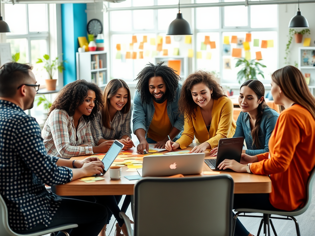 A diverse group of eight people collaborate around a table with laptops and sticky notes, sharing ideas and engaging.