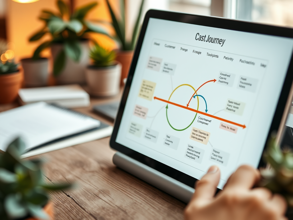 A tablet displaying a chart titled "CastJourney" with colorful diagrams and text related to customer journeys and tools.