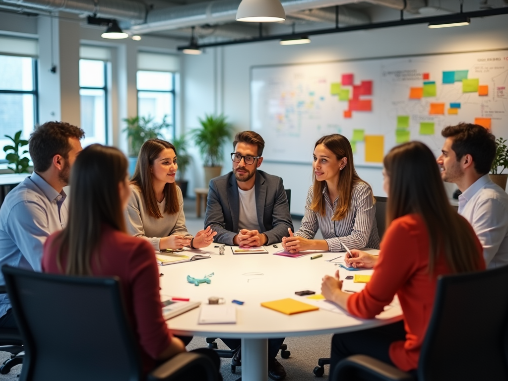 A group of professionals engaging in a meeting around a table in a well-lit office with colorful sticky notes on boards.