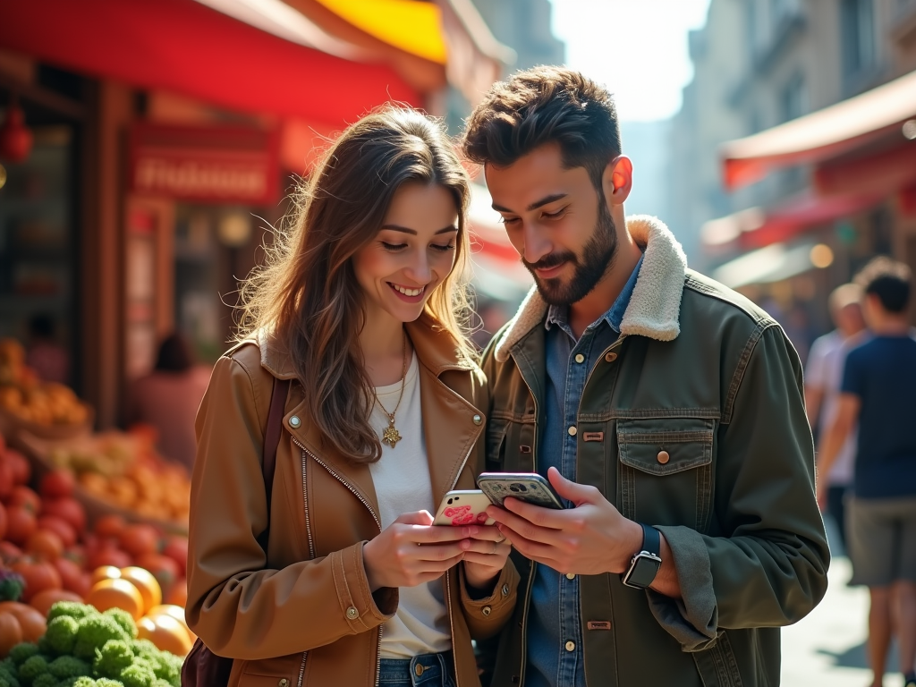 Young couple smiling and looking at a smartphone together in a vibrant market street.