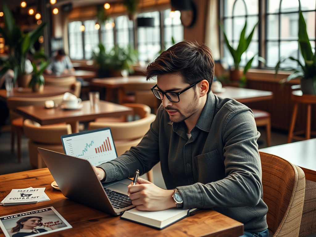 A man in a cafe works on a laptop, taking notes and reviewing graphs, surrounded by plants and a cozy atmosphere.