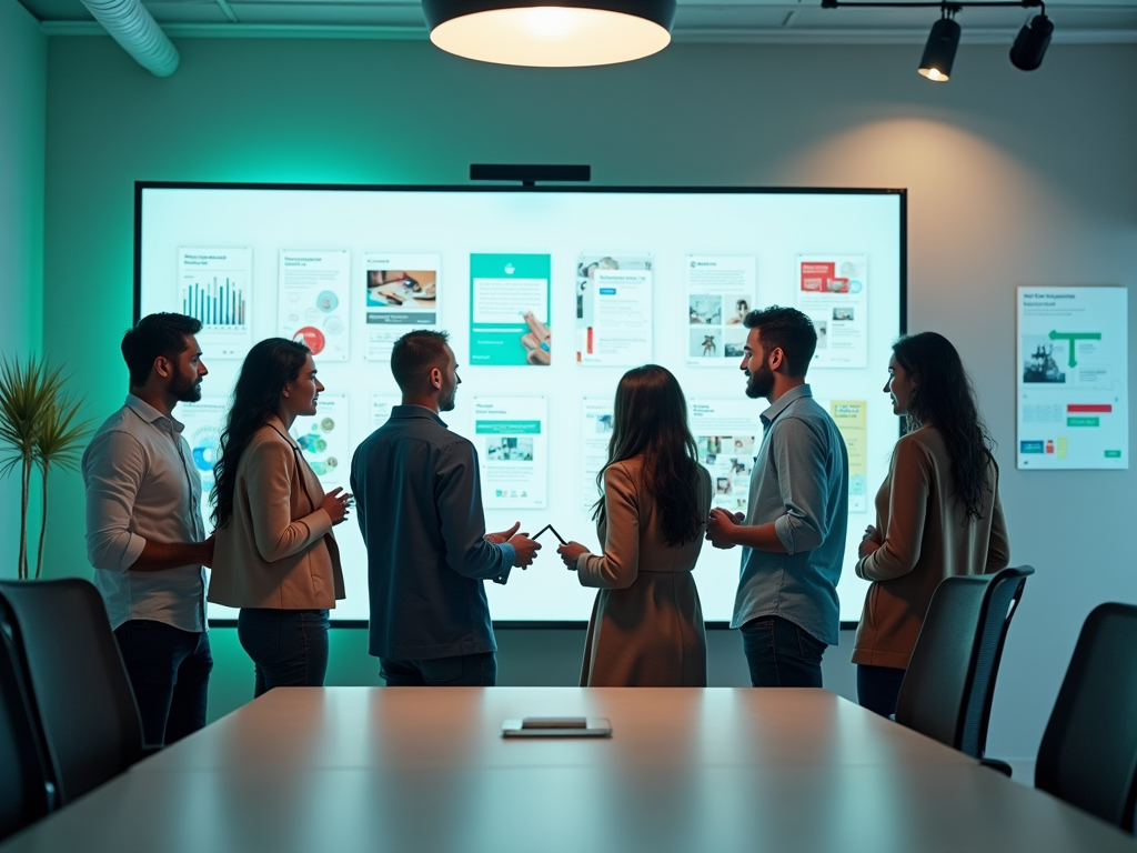 A diverse group of people discussing digital content displayed on a large screen in a modern conference room.