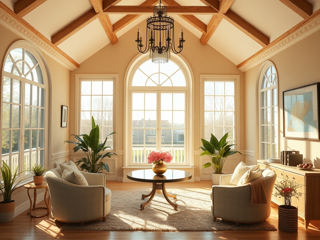 A bright and inviting sunroom features cozy seating, large windows, plants, and a round table with flowers.