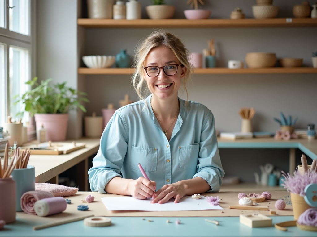 A smiling woman in a light blue shirt sits at a craft table covered with art supplies, preparing to draw.