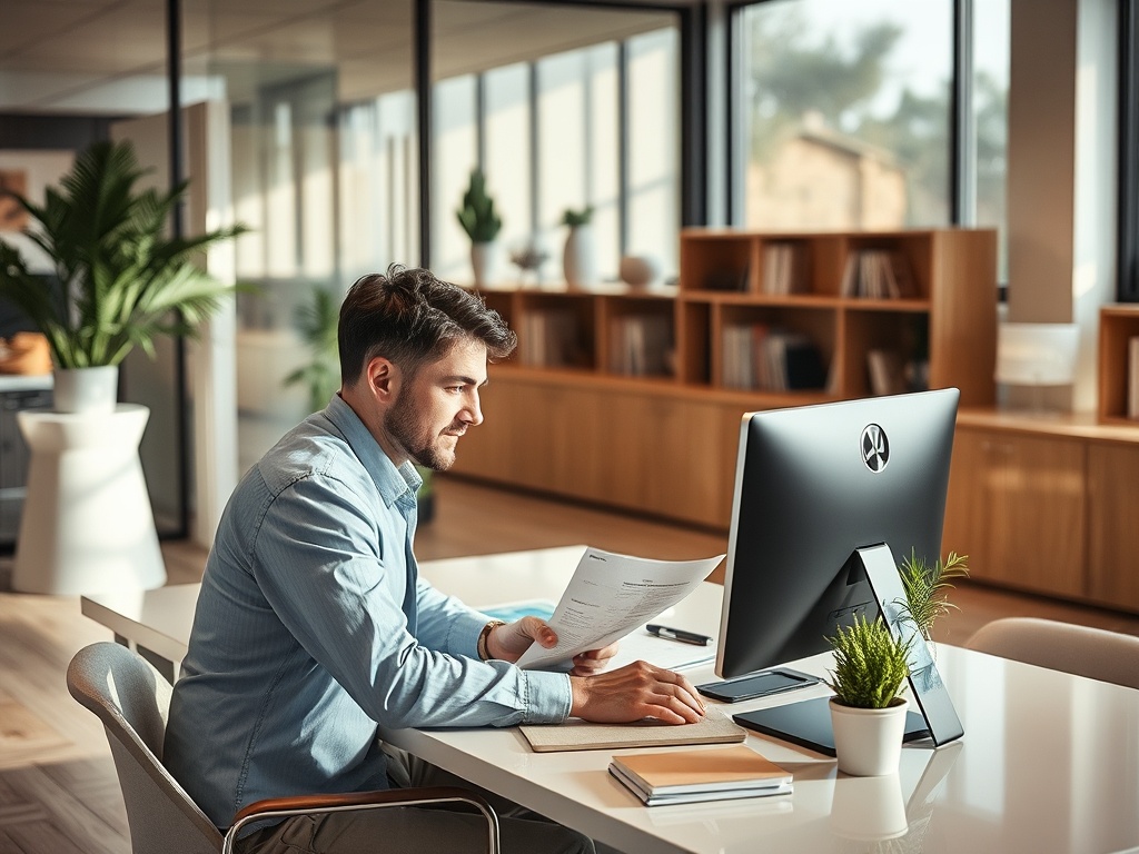 A man in a blue shirt sits at a modern desk, working on a computer and reviewing documents in a bright office.