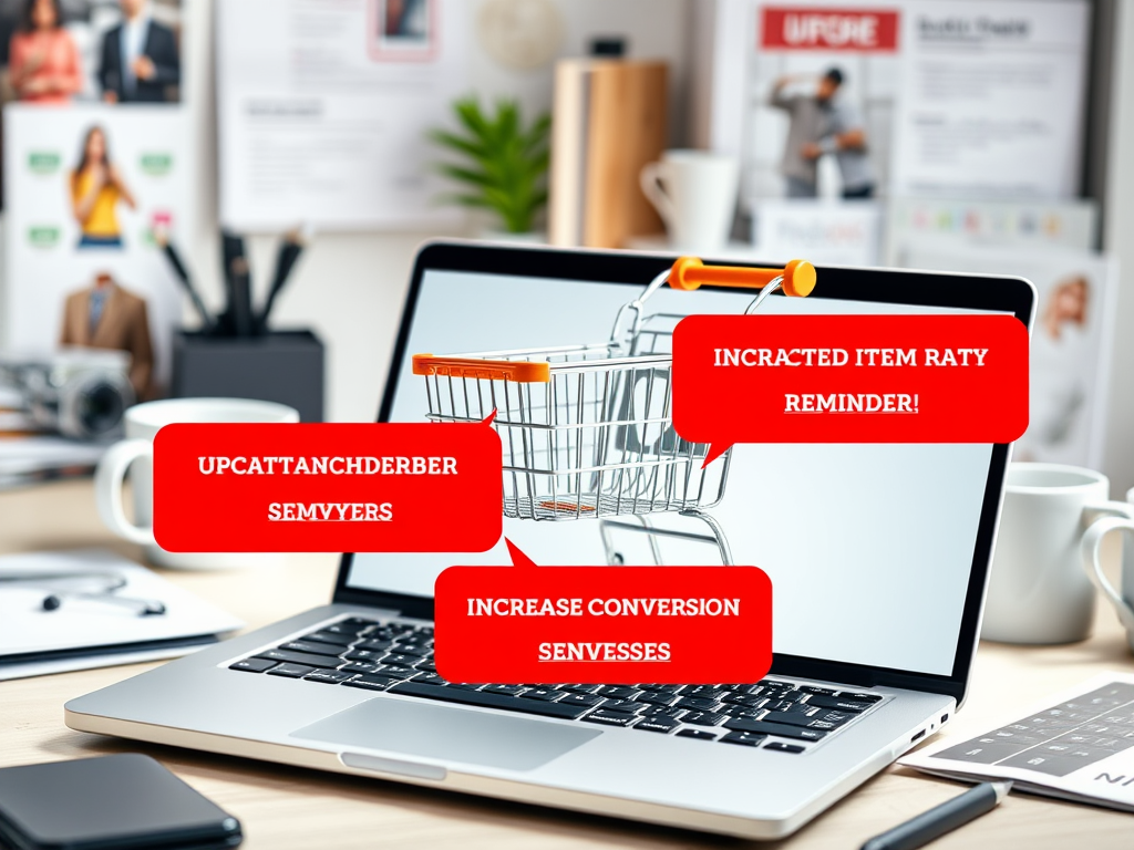 A laptop displaying a shopping cart with reminders about increasing conversion rates and item reminders.