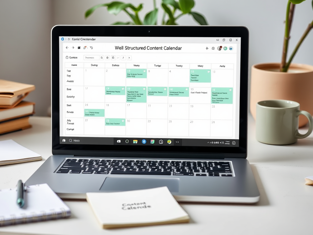 A laptop displays a well-structured content calendar with green-highlighted dates against a light background.