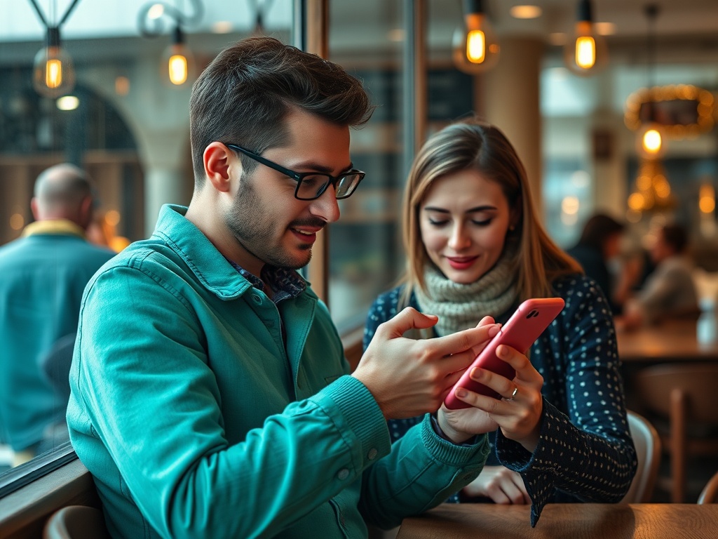 A young man and woman sit in a café, sharing laughter while examining a phone together. Warm, inviting atmosphere.