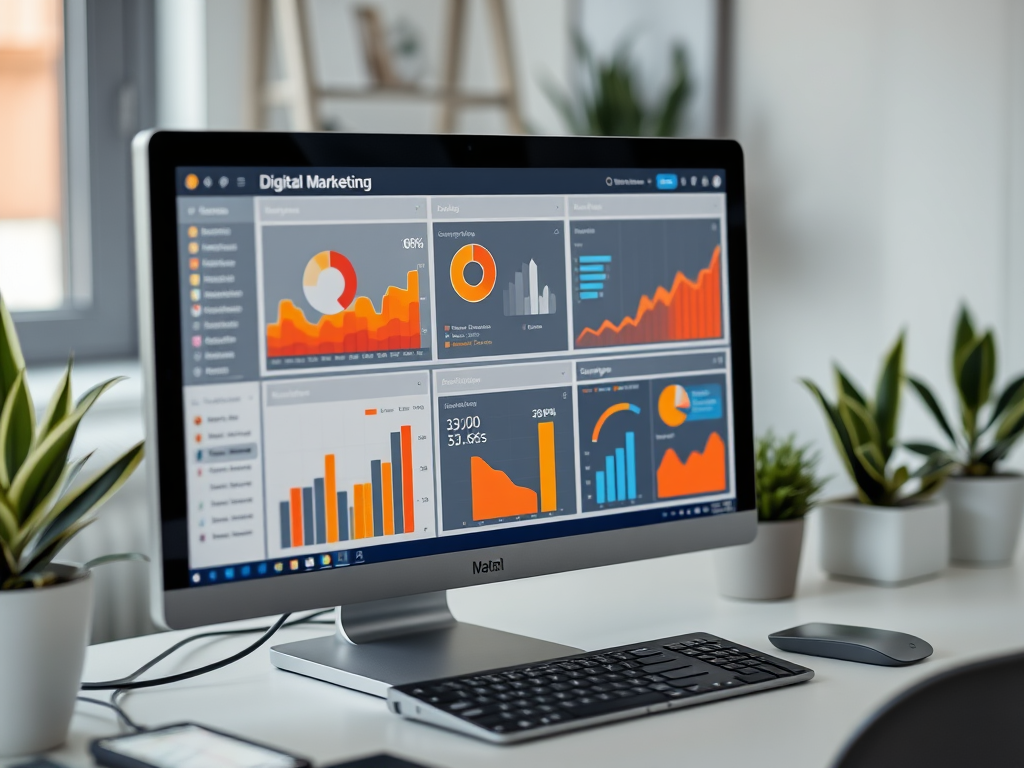 A computer screen displays digital marketing analytics with colorful graphs and charts in a bright office setting.