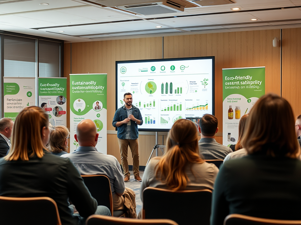 A presenter speaks to an audience about sustainability, with charts and graphics displayed on a screen.