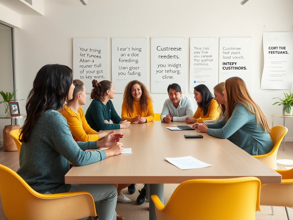 A diverse group of people engaged in discussion around a table in a bright, modern meeting room.