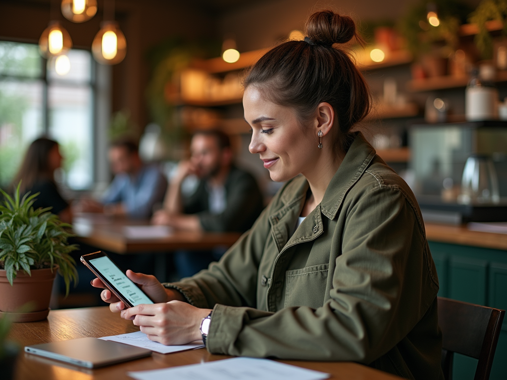 A young woman in a café smiles while looking at her phone, with a plant and others in the background.