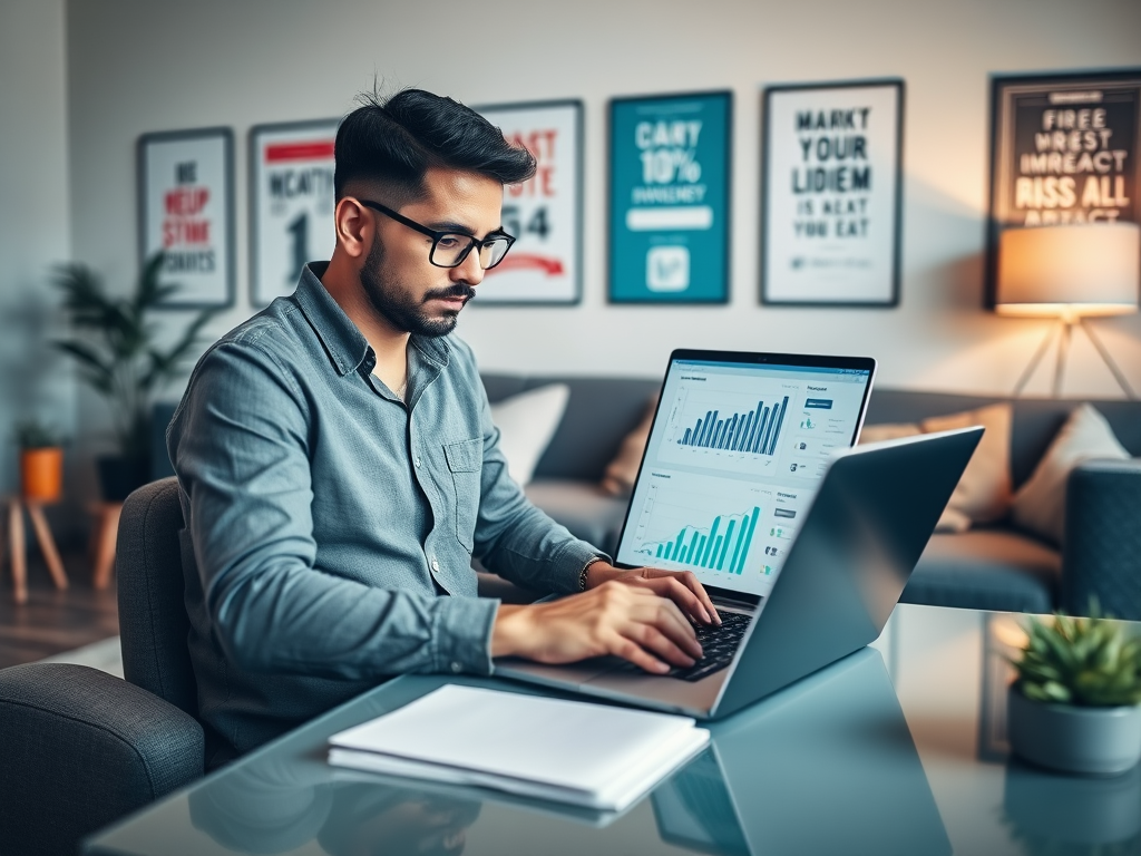 A man works on a laptop in a modern office, analyzing data charts while surrounded by decorative prints.