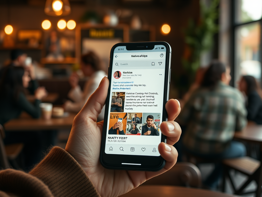 A person holding a smartphone displaying an Instagram feed, with coffee shop ambiance in the background.