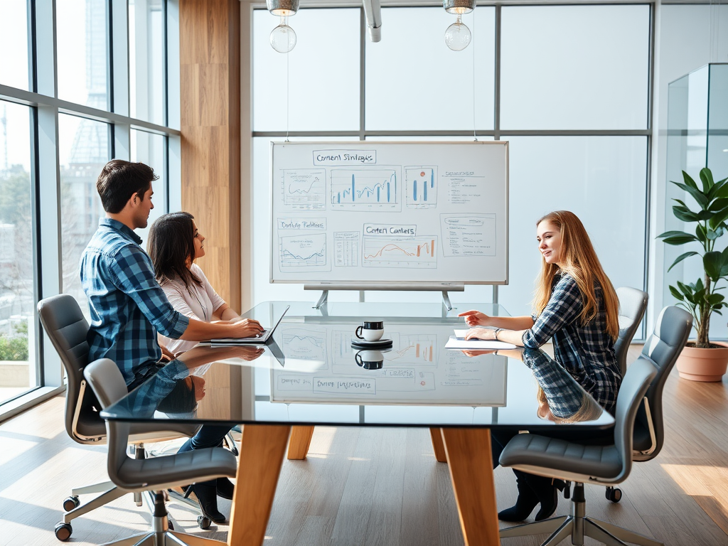 A business meeting in a modern office, with three people discussing charts on a presentation board.