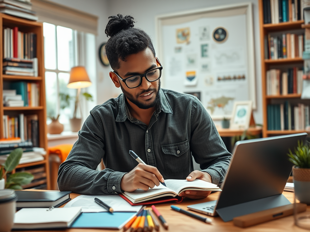 A young man with curly hair and glasses writes in a notebook at a desk filled with stationery and a laptop.