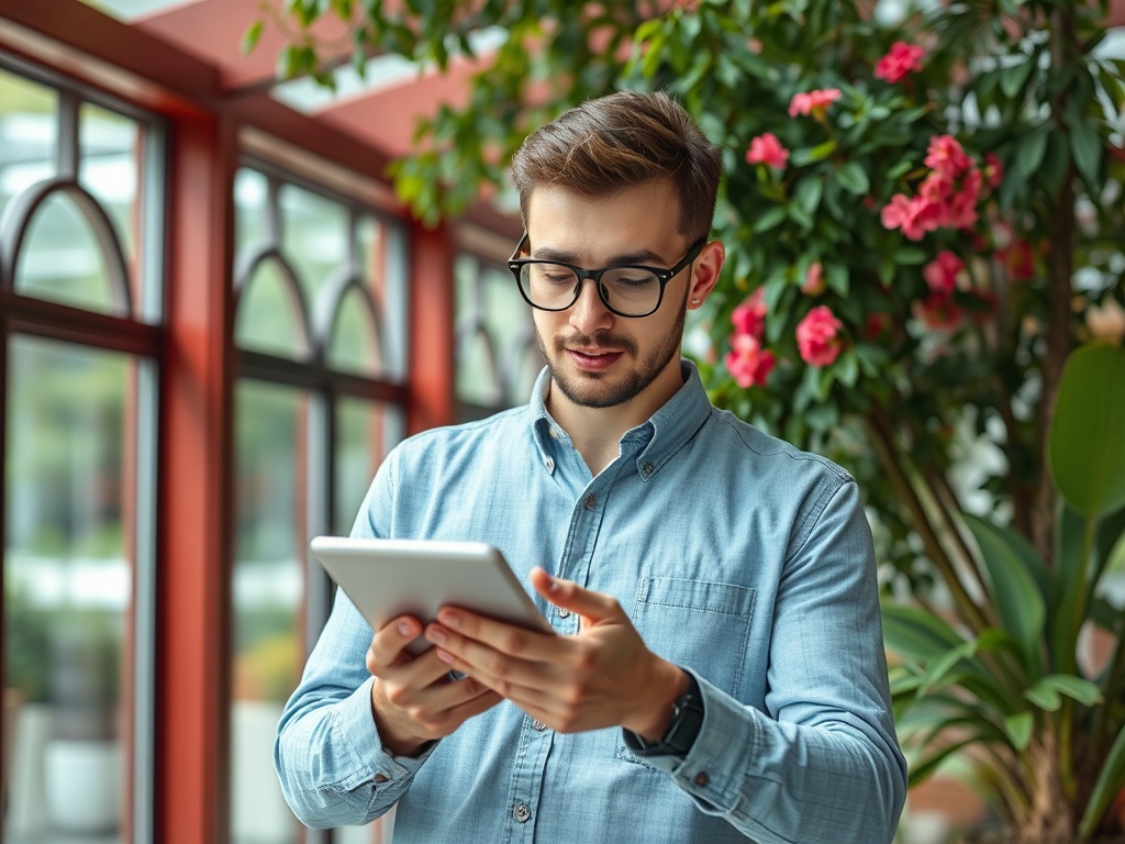 A young man in a blue shirt uses a tablet, surrounded by plants and flowers in a bright indoor setting.