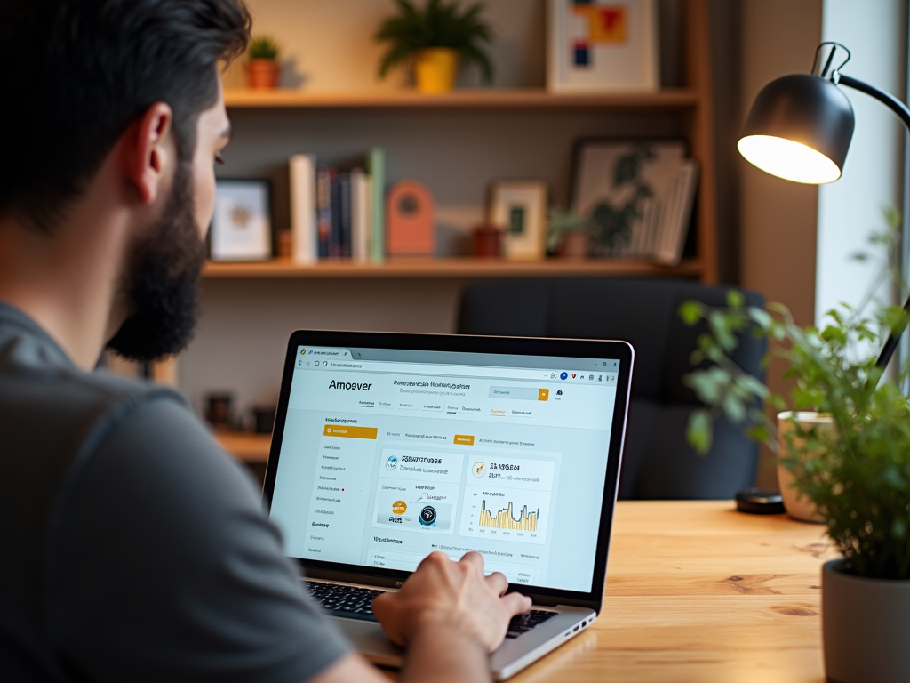 Man using a laptop showing a website interface, seated at a home office desk.