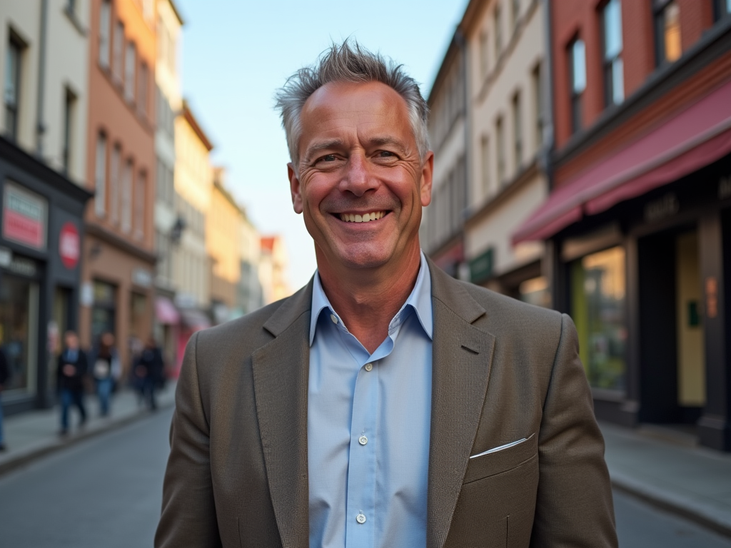 A smiling middle-aged man in a suit stands on a charming street lined with shops and people.