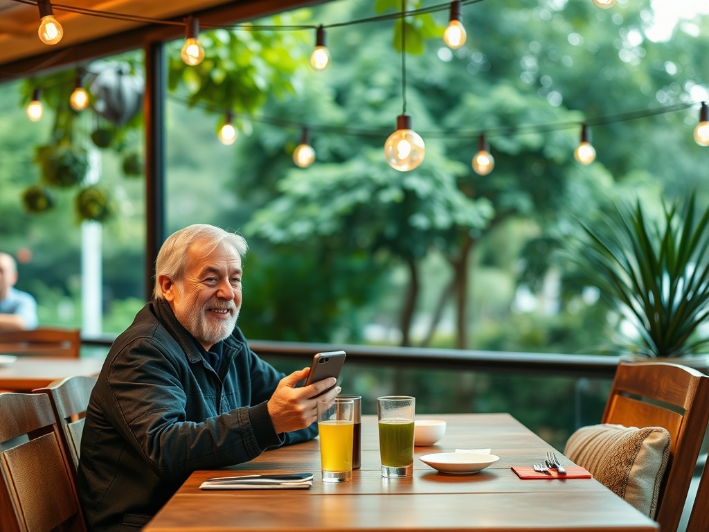 An elderly man smiles while using his phone at a cafe table with drinks and greenery in the background.
