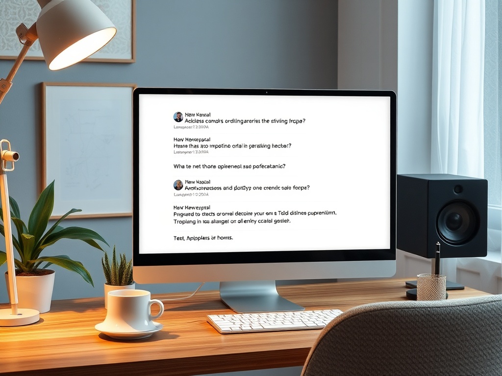 A computer monitor displays text messages with questions about various topics, including technology and policies.