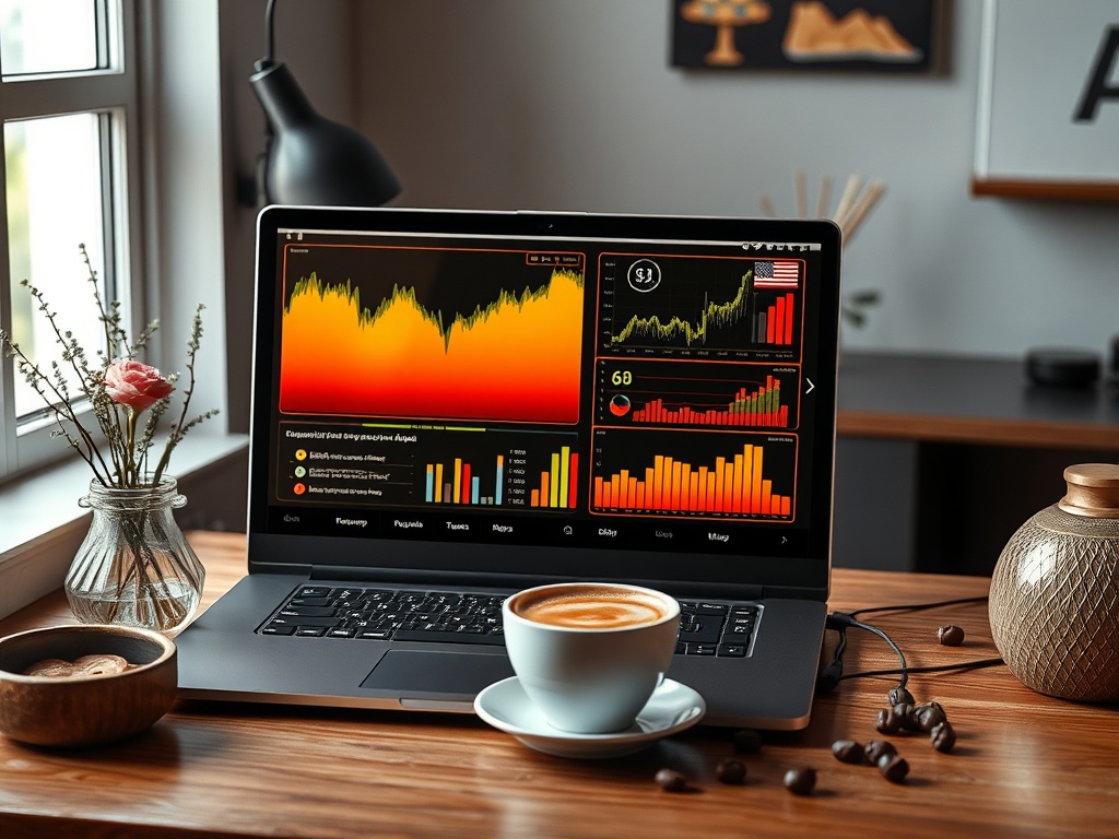A laptop displays colorful data graphs, beside a cup of coffee and a plate of cookies on a wooden table.