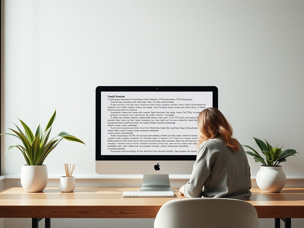 A person sits at a desk, working on a computer surrounded by plants and a minimalist workspace.