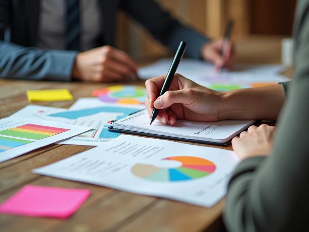 Close-up of hands analyzing statistical data and charts on papers during a business meeting.