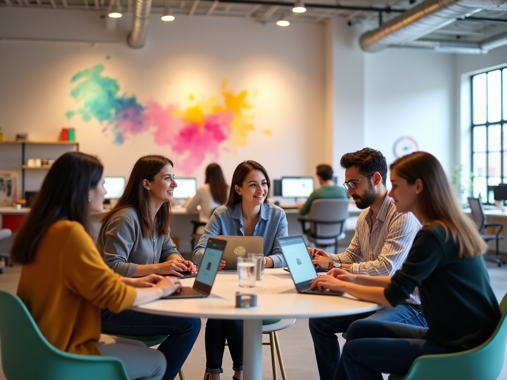 Four colleagues collaborating around a table in a colorful, modern office space.