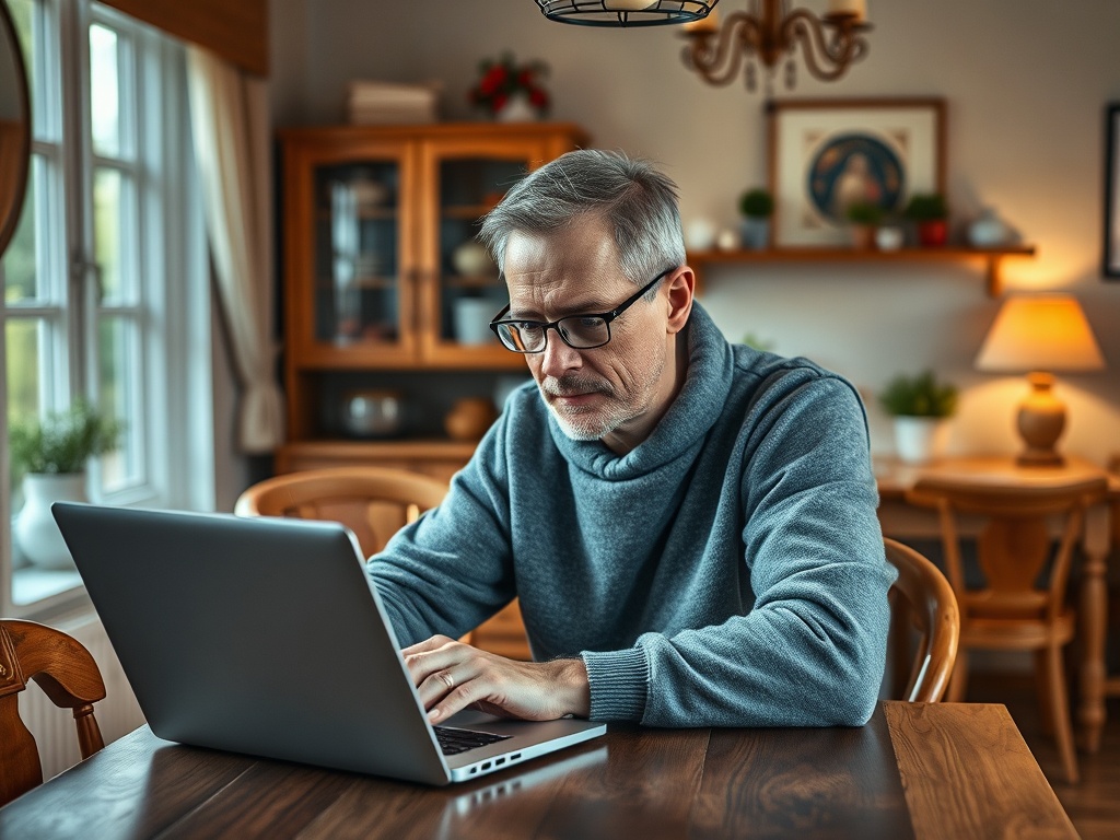 A focused older man in a gray sweater works on a laptop at a wooden table in a cozy, well-lit room.