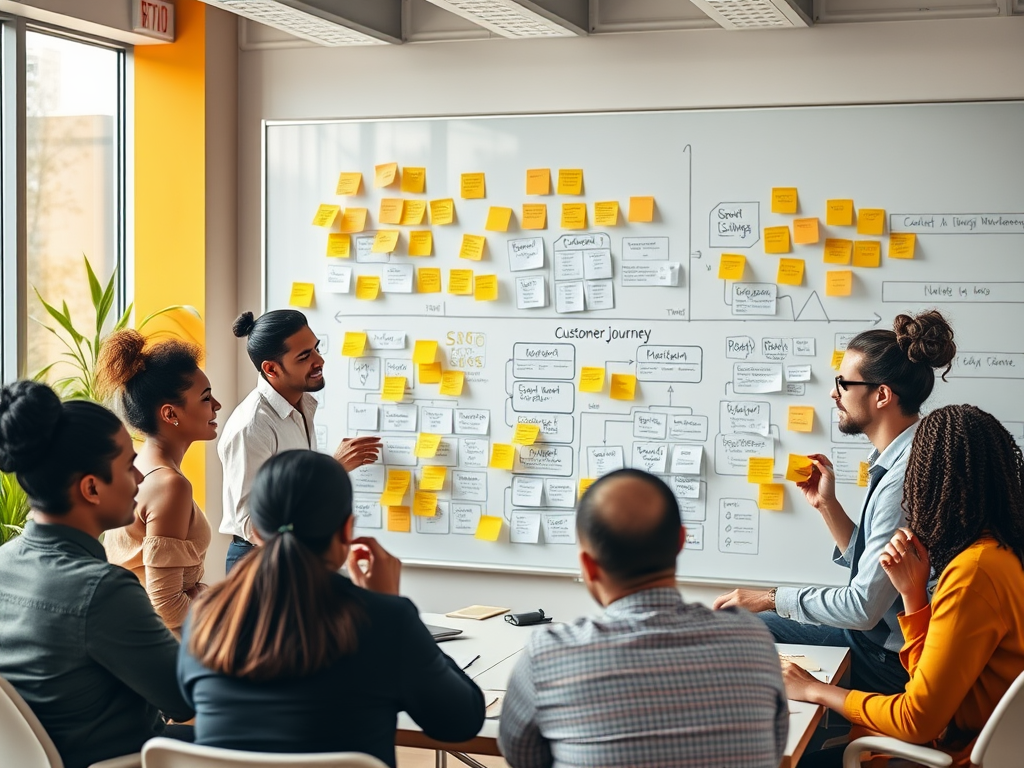 A diverse group of people collaborates in a meeting, discussing a customer journey map on a whiteboard filled with notes.