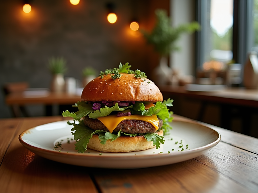 Close-up of a gourmet burger with cheese and fresh greens, served on a white plate in a cozy restaurant setting.