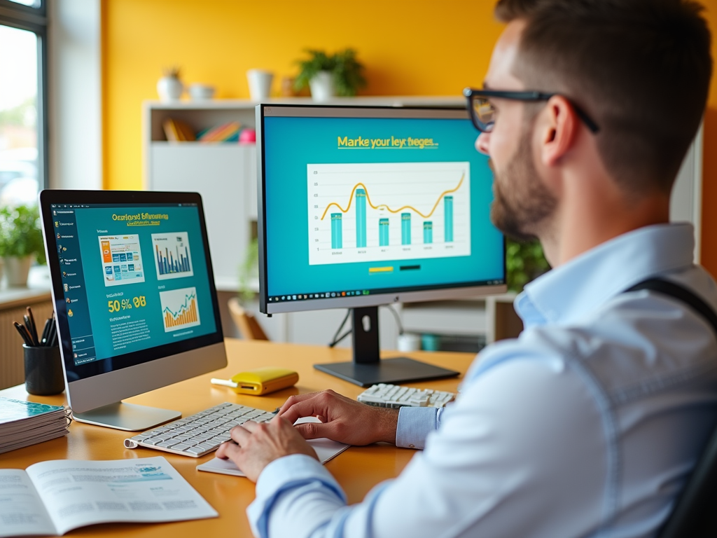 Man in glasses working on financial data with charts on multiple monitors in a bright office.