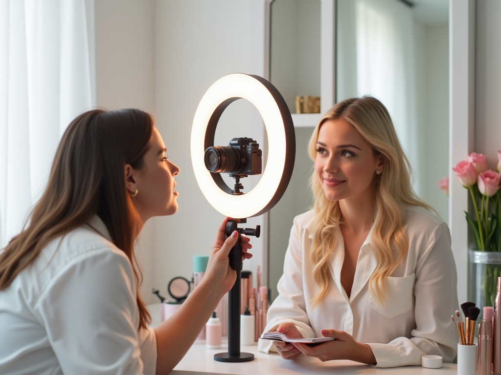 Two women at a makeup table, one adjusting a camera and ring light, the other posing and smiling.